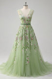Green V-Neck Floral Embroidered A-Line Tulle Ball Dress