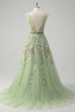 Green V-Neck Floral Embroidered A-Line Tulle Ball Dress