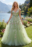 Green V-Neck Floral Embroidered A-Line Tulle Ball Dress