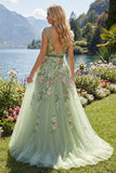 Green V-Neck Floral Embroidered A-Line Tulle Ball Dress