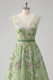 Green V-Neck Floral Embroidered A-Line Tulle Ball Dress