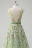 Green V-Neck Floral Embroidered A-Line Tulle Ball Dress