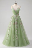 Green Spaghetti Straps Floral A Line Tulle Ball Dress