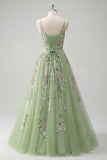Green Spaghetti Straps Floral A Line Tulle Ball Dress