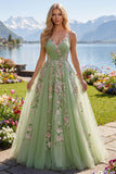 Green Spaghetti Straps Floral A Line Tulle Ball Dress