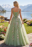 Green Spaghetti Straps Floral A Line Tulle Ball Dress