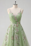 Green Spaghetti Straps Floral A Line Tulle Ball Dress