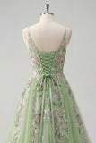 Green Spaghetti Straps Floral A Line Tulle Ball Dress