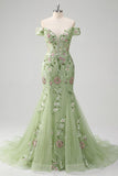 Off The Shoulder Green Mermaid Embroidered Tulle Ball Dress