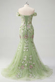 Off The Shoulder Green Mermaid Embroidered Tulle Ball Dress