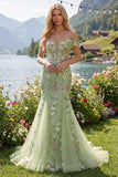 Off The Shoulder Green Mermaid Embroidered Tulle Ball Dress