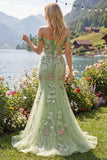 Off The Shoulder Green Mermaid Embroidered Tulle Ball Dress