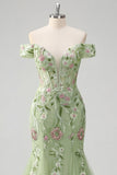Off The Shoulder Green Mermaid Embroidered Tulle Ball Dress