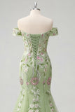 Off The Shoulder Green Mermaid Embroidered Tulle Ball Dress