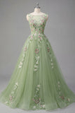 Green Floral Bateau Neck A Line Appliqued Ball Dress