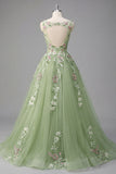 Green Floral Bateau Neck A Line Appliqued Ball Dress