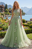 Green Floral Bateau Neck A Line Appliqued Ball Dress