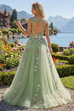 Green Floral Bateau Neck A Line Appliqued Ball Dress