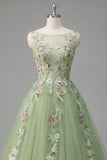 Green Floral Bateau Neck A Line Appliqued Ball Dress