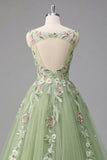 Green Floral Bateau Neck A Line Appliqued Ball Dress