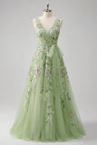Green Floral V Neck A Line Appliqued Ball Dress