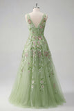 Green Floral V Neck A Line Appliqued Ball Dress
