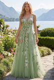 Green Floral V Neck A Line Appliqued Ball Dress
