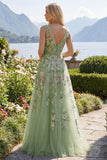 Green Floral V Neck A Line Appliqued Ball Dress