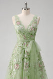 Green Floral V Neck A Line Appliqued Ball Dress