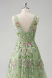 Green Floral V Neck A Line Appliqued Ball Dress