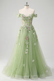 Off The Shoulder Floral Corset Green A Line Ball Dress