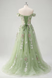 Off The Shoulder Floral Corset Green A Line Ball Dress