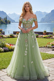 Off The Shoulder Floral Corset Green A Line Ball Dress