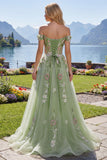 Off The Shoulder Floral Corset Green A Line Ball Dress