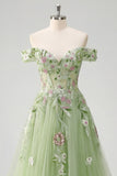 Off The Shoulder Floral Corset Green A Line Ball Dress