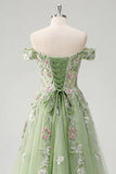 Off The Shoulder Floral Corset Green A Line Ball Dress