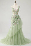 Green Floral V Neck Ruffled Mermaid Appliqued Ball Dress