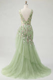 Green Floral V Neck Ruffled Mermaid Appliqued Ball Dress
