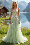 Green Floral V Neck Ruffled Mermaid Appliqued Ball Dress