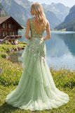 Green Floral V Neck Ruffled Mermaid Appliqued Ball Dress