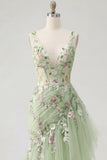 Green Floral V Neck Ruffled Mermaid Appliqued Ball Dress