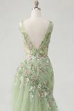 Green Floral V Neck Ruffled Mermaid Appliqued Ball Dress