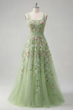 Square Neck Green Floral A Line Appliqued Ball Dress
