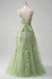Square Neck Green Floral A Line Appliqued Ball Dress