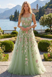 Square Neck Green Floral A Line Appliqued Ball Dress