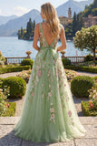 Square Neck Green Floral A Line Appliqued Ball Dress