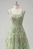 Square Neck Green Floral A Line Appliqued Ball Dress