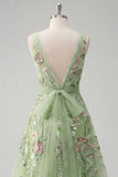 Square Neck Green Floral A Line Appliqued Ball Dress
