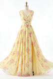 Yellow V-Neck Ruched A Line Floral Ball Dress with Slit