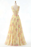 Yellow V-Neck Ruched A Line Floral Ball Dress with Slit